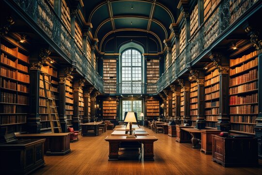 A grand library with an extensive collection of books neatly arranged on the shelves, showcasing a wealth of knowledge and resources. Generative AI