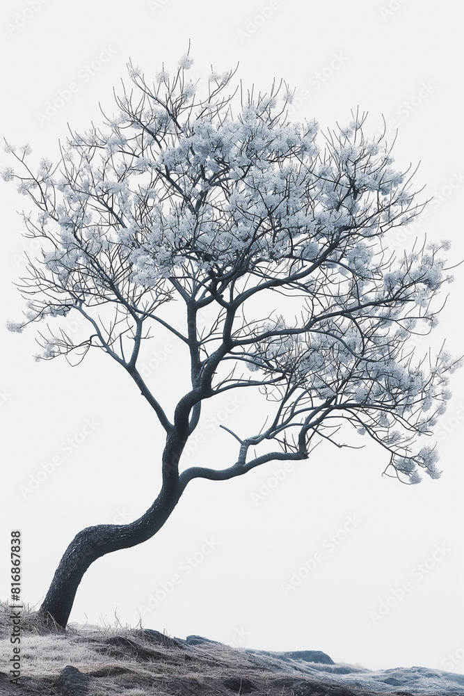 Poster a tree with bare branches and a trunk that is bent
