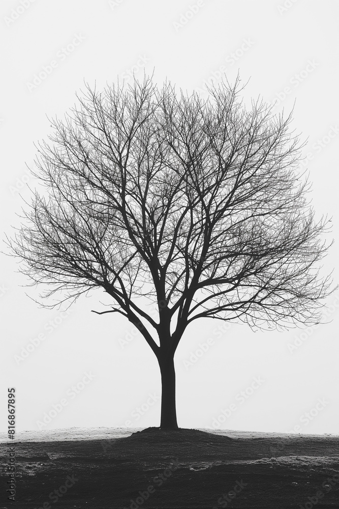Poster a tree is standing alone in a field with no leaves