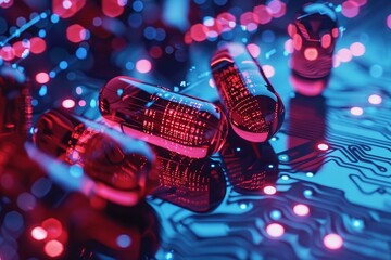 Glowing digital capsules on a neonlit electronic circuit board, symbolizing advanced healthcare technology