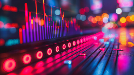 A colorful graph with red and purple lines. A it stock market growth, business investing and data concept with digital financial chart graphs