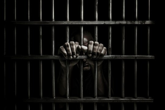 A man is standing inside a jail cell, holding his hands over the metal bars. Generative AI