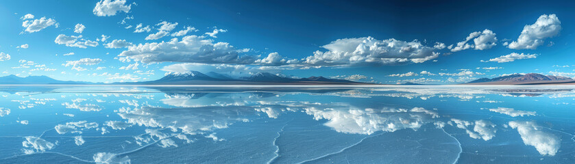 The Uyuni Salt Flats in Bolivia create a perfect mirror reflection of the sky and clouds on the ground, under the bright sun.