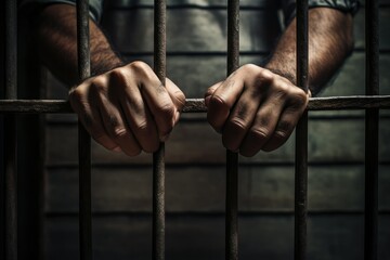A mans hands are visible gripping the bars of a jail cell. jail and legal punishment concept....