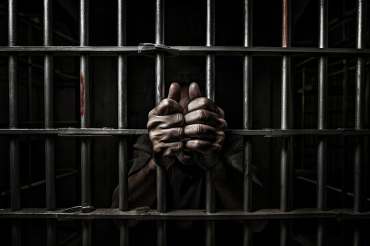 A persons hand is seen extending through the bars of a jail cell. jail and legal punishment concept. Generative AI
