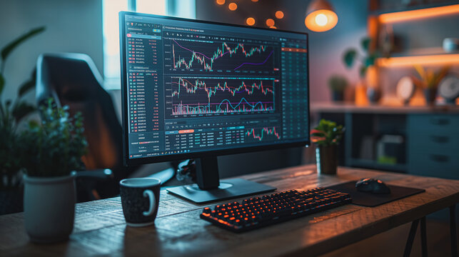 A computer monitor shows a graph of stock market curve. Investing in the stock market. Stock exchange.