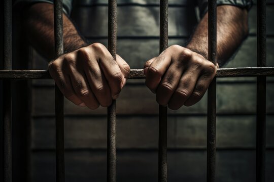 A mans hands are visible gripping the bars of a jail cell. jail and legal punishment concept. Generative AI