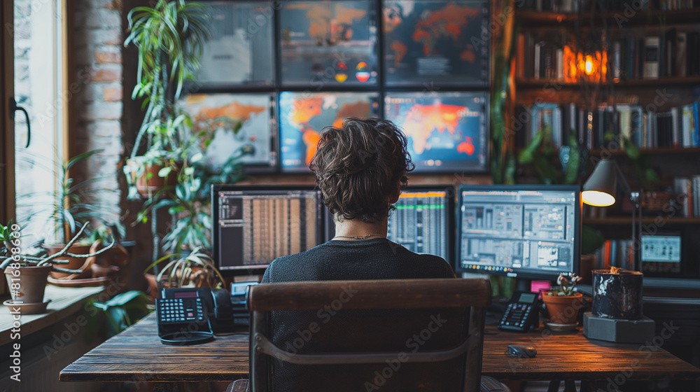 Poster a man is sitting at a desk with multiple computer monitors