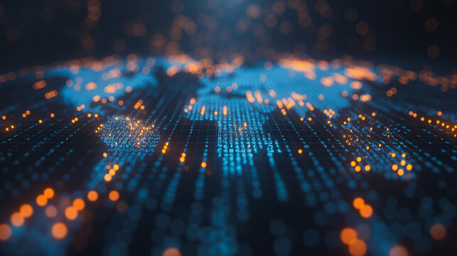 A computer generated image of a globe with a blue background and orange dots