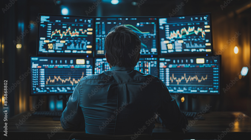 Poster a man is sitting in front of a computer monitor with four screens