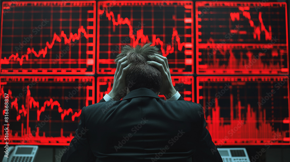 Poster stressed stock exchange trader can't apprehend a sudden stock market collapse. financial crisis conc