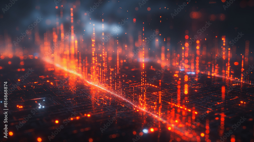Poster a computer generated image of a cityscape with orange lines and dots