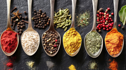 Assortment of vibrant spices in elegant spoons, arrayed on a dark textured background - Powered by Adobe