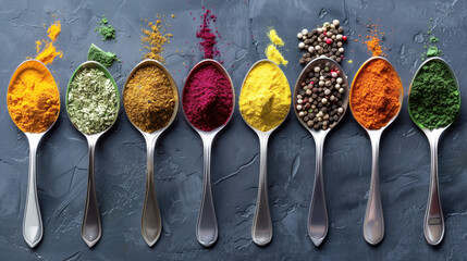 Colorful assortment of various spices and herbs arranged neatly in silver spoons against a dark textured background. They range from ground turmeric, dried herbs, to peppercorns.