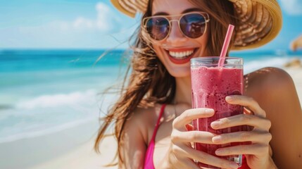 Young woman with berry smoothie on the beach - Powered by Adobe