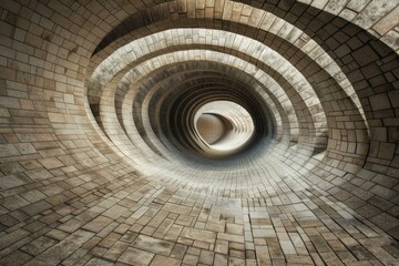 The mesmerizing and mysterious abstract spiral brick tunnel with swirling, hypnotic patterns and geometric structure leading to an endless and infinite path