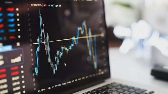 A laptop screen shows a graph of stock prices