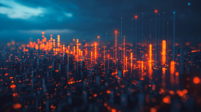 A cityscape with orange lights and a blue sky