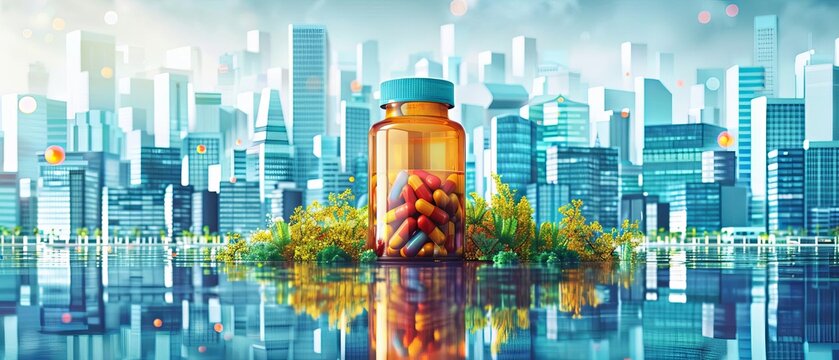 Smart city healthcare delivery concept, a colorful bottle in a simplified cityscape