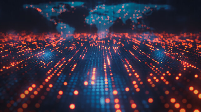 A computer generated image of a city with a globe in the background