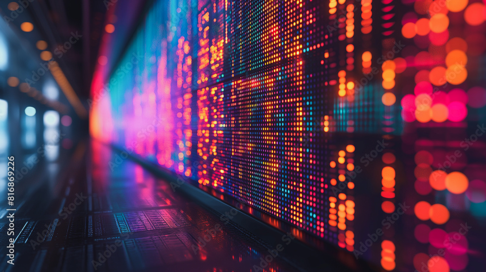 Poster complex financial data display with stock market trading graph and indicators.