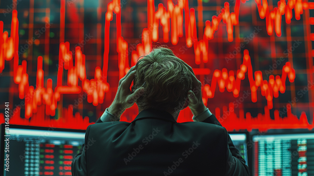 Poster stressed stock exchange trader can't apprehend a sudden stock market collapse. financial crisis conc