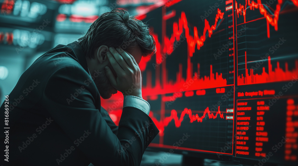 Aufkleber stressed stock exchange trader can't apprehend a sudden stock market collapse. financial crisis conc