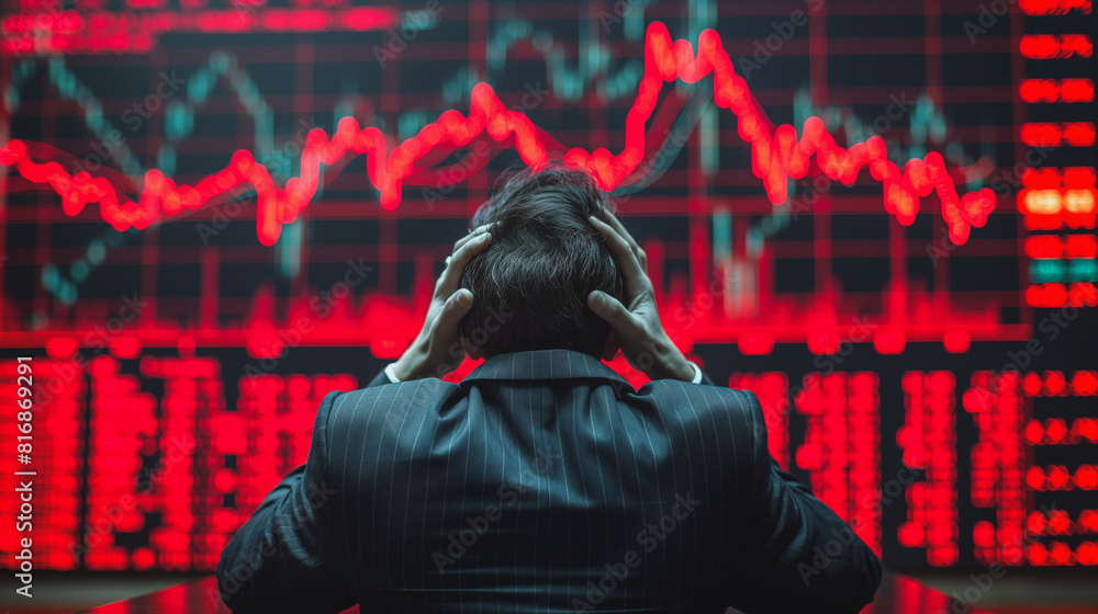 Poster stressed stock exchange trader can't apprehend a sudden stock market collapse. financial crisis conc
