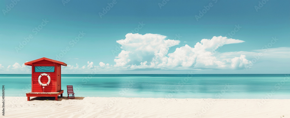 Poster A calm beach scene featuring a red lifeguard hut with a life preserver and a folded chair beside it. The tranquil ocean and fluffy clouds complete the picturesque setting.