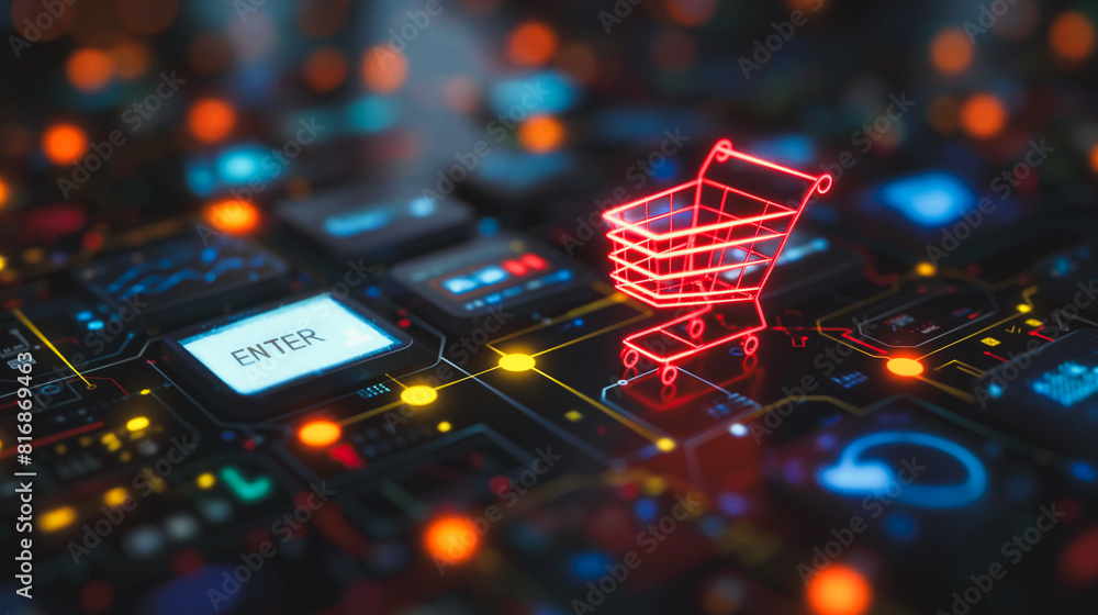 Poster a computer screen with a red shopping cart on it