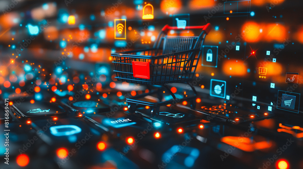 Poster a computer keyboard with a shopping cart on it