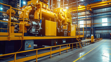 Large yellow industrial machinery in a factory setting with vibrant lighting and safety railings.