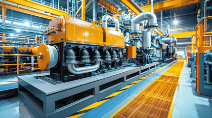 Modern industrial power plant with advanced machinery, featuring large orange equipment, piping systems, and pristine infrastructure, emphasizing technology and engineering.