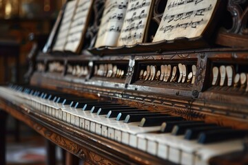 Closeup of an antique piano's keyboard with sheet music, highlighting intricate wood detail