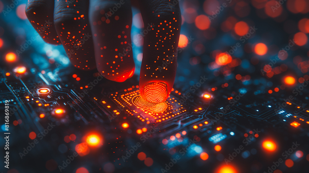 Poster a hand is pointing at a computer chip