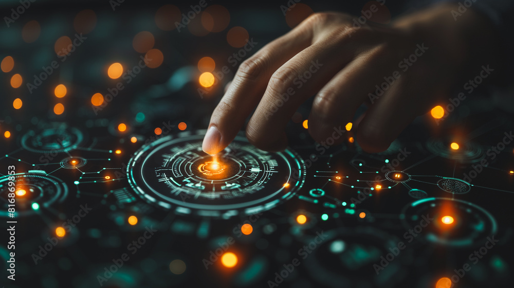 Aufkleber a hand is pointing at a glowing circle on a computer screen