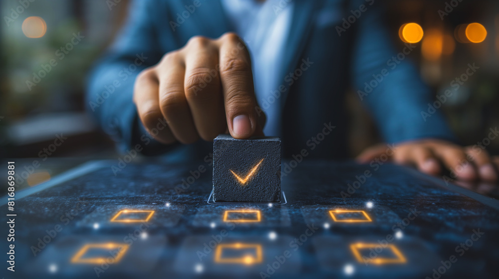 Aufkleber a man is holding a cube with a check mark on it