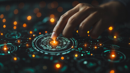 A hand is pointing at a glowing circle on a computer screen