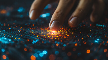 A hand is touching a glowing spot on a dark background - Powered by Adobe