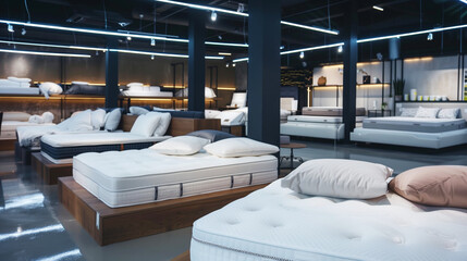 A modern mattress showroom featuring various types of mattresses and pillows displayed on wooden platforms under ambient lighting, highlighting comfort and sleep products.