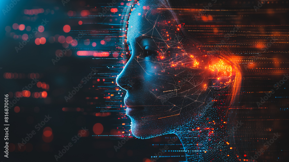 Poster a woman's face is shown in a computer generated image with a lot of red