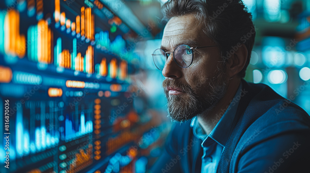 Poster a man is looking at a computer screen with a lot of numbers and graphs