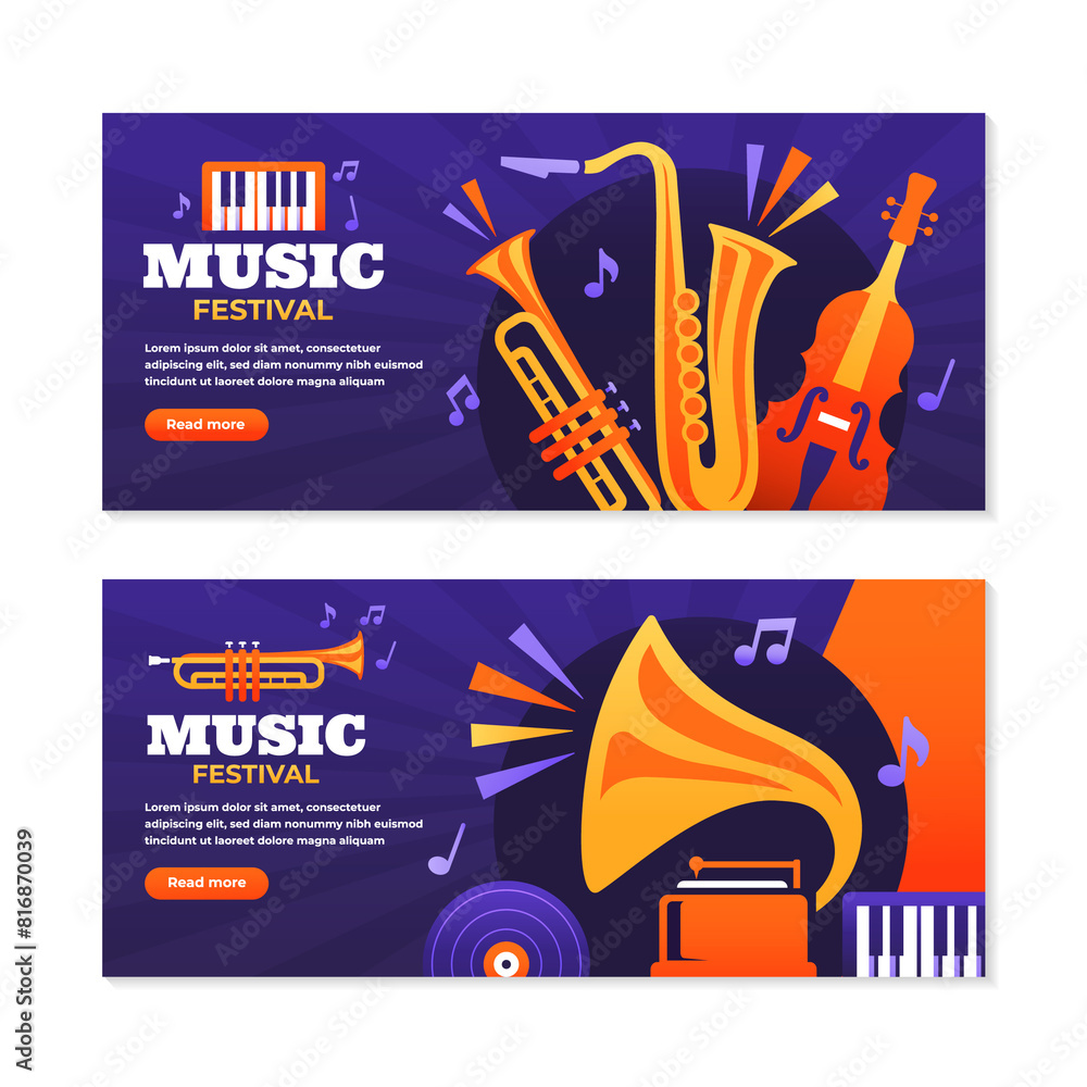 Poster music logo hand drawn banner set