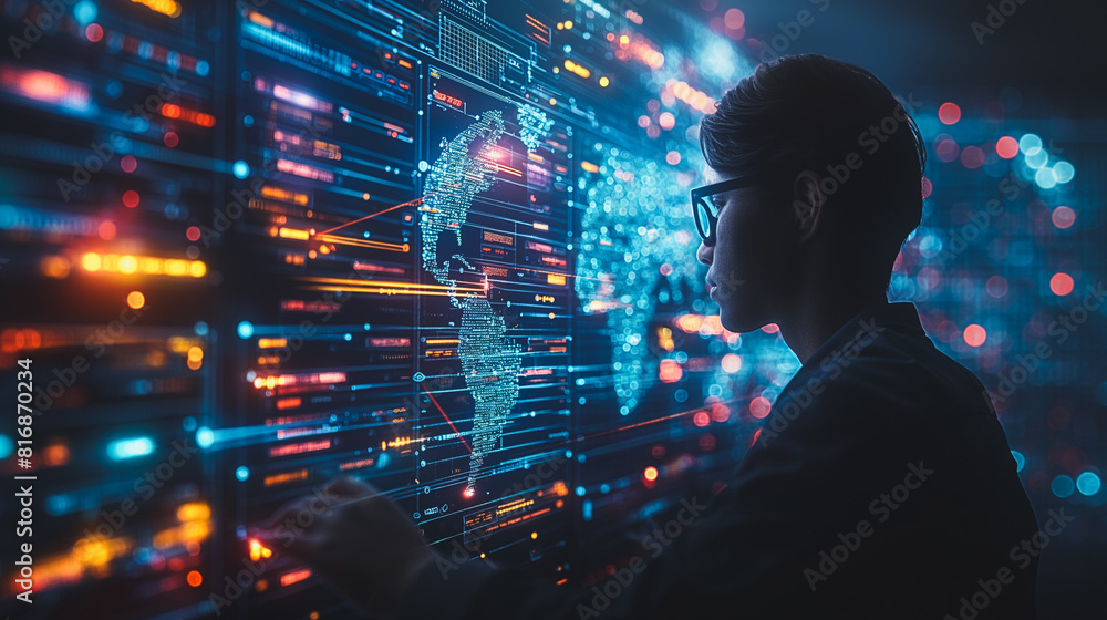 Poster a man is looking at a computer screen with a map on it