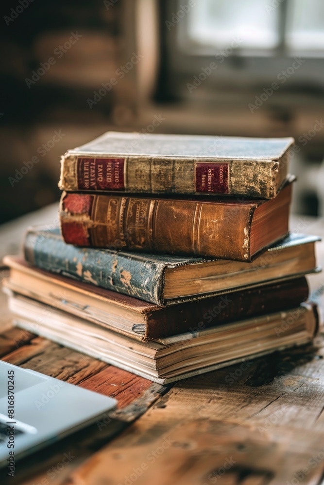 Wall mural A stack of books on a wooden table, perfect for educational or reading concepts