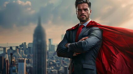 Modern-day superhero in a suit and red cape standing heroically against a city backdrop