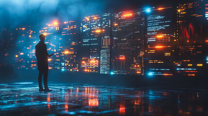 A man stands in front of a wall of glowing lights, looking at the screen