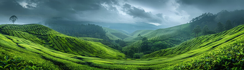 Fototapeta premium Lush green tea plantations cover undulating hills against a cloudy sky, evoking serenity and agricultural beauty.