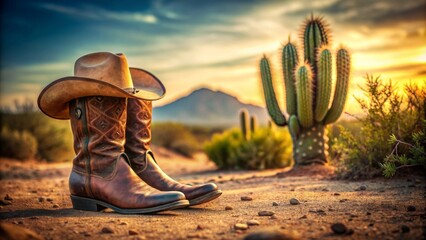 Сowboy boots in the desert background. Wild West concept