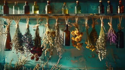 A bunch of dried herbs hanging on a wall. Ideal for kitchen or herbal medicine concepts